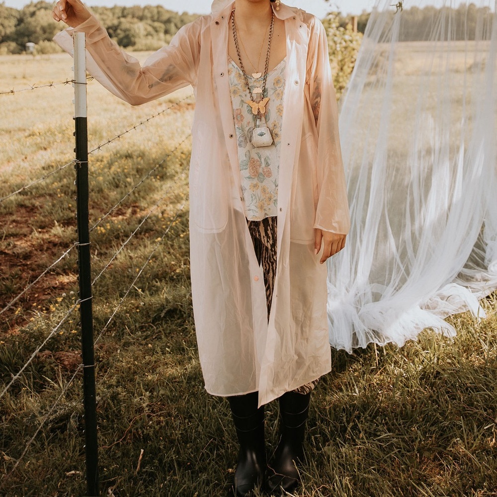 Vintage Unique Pink Rain-jacket Raincoat Sheer Detachable Hood